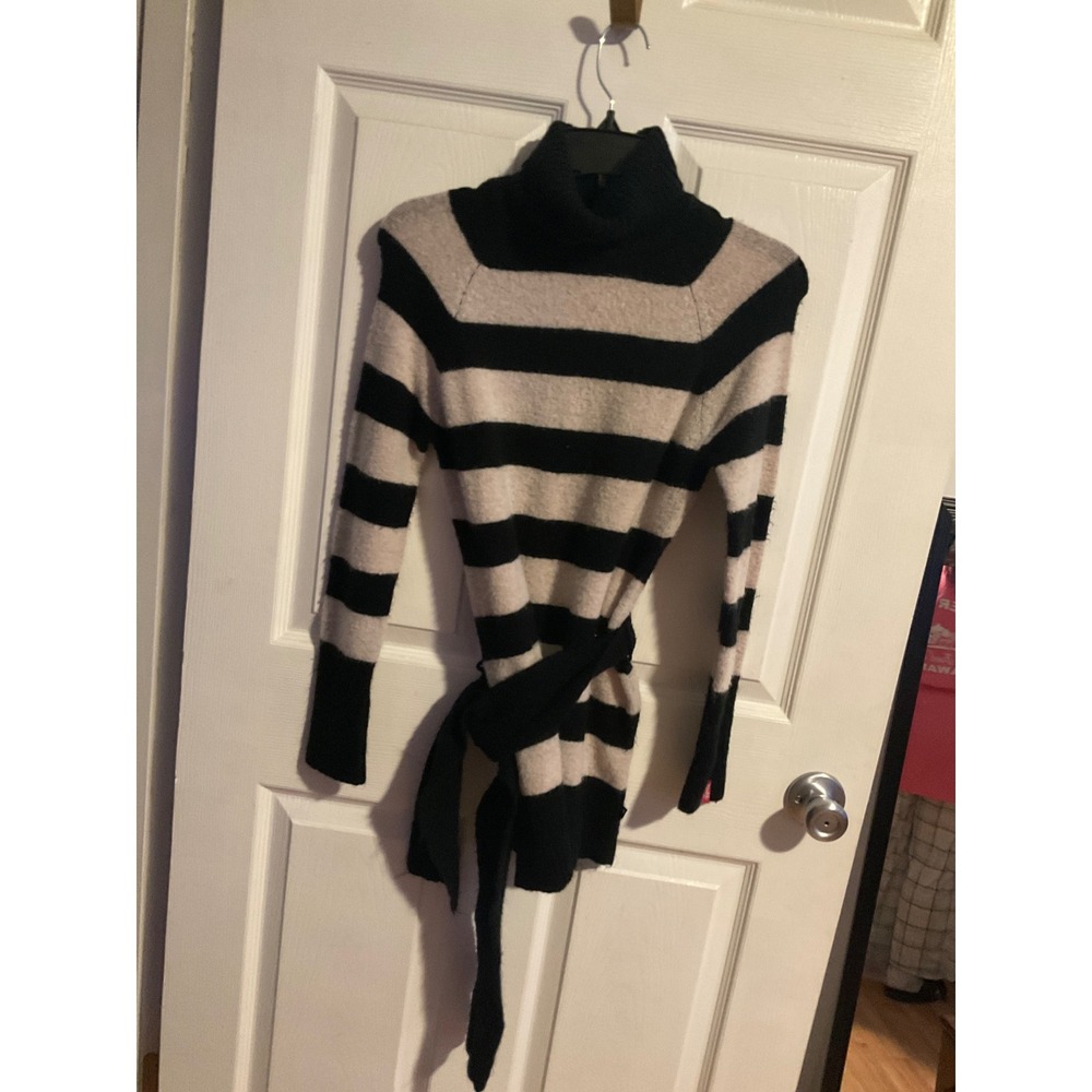 Mudd Sweaters Womens XL Black Cream Striped Turtleneck Tunic Belted Sweater